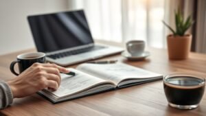 Bureau financier avec mains, carnet et composants électroniques pour illustrer l’action Soitec en Bourse