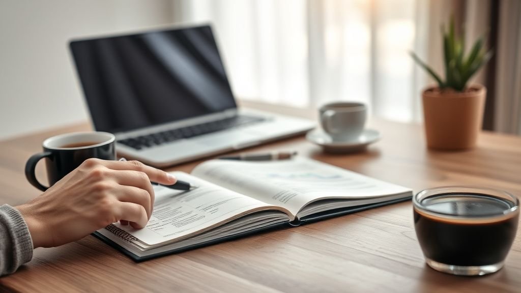 Bureau financier avec mains, carnet et composants électroniques pour illustrer l’action Soitec en Bourse