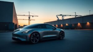 Voiture électrique moderne dans un décor industriel, illustrant l’action Tesla en Bourse