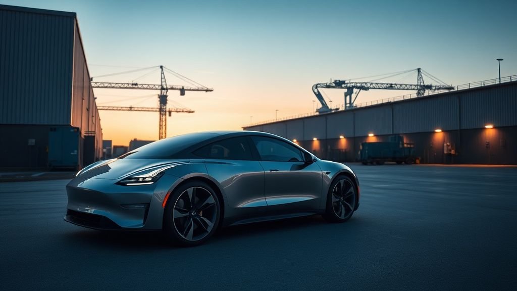 Voiture électrique moderne dans un décor industriel, illustrant l’action Tesla en Bourse