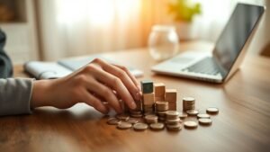 Mains organisant des pièces et blocs sur une table, illustrant la répartition d’un patrimoine en actions et autres supports