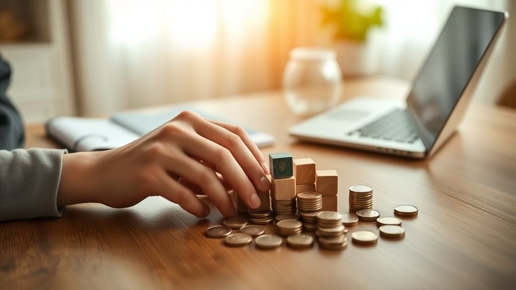 Mains organisant des pièces et blocs sur une table, illustrant la répartition d’un patrimoine en actions et autres supports