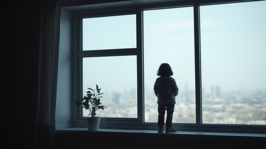 Personne contemplant une ville depuis une fenêtre avec quelques pièces, image sur l’horizon de placement et la prudence
