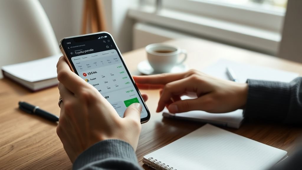 Mains consultant une application crypto sur smartphone dans un intérieur lumineux et sobre