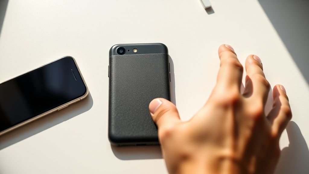 Wallet crypto et smartphone posés sur un bureau neutre sous lumière naturelle