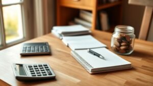 Bureau lumineux avec calculatrice, carnet d’épargne et pièces pour illustrer l’assurance-vie en 2026