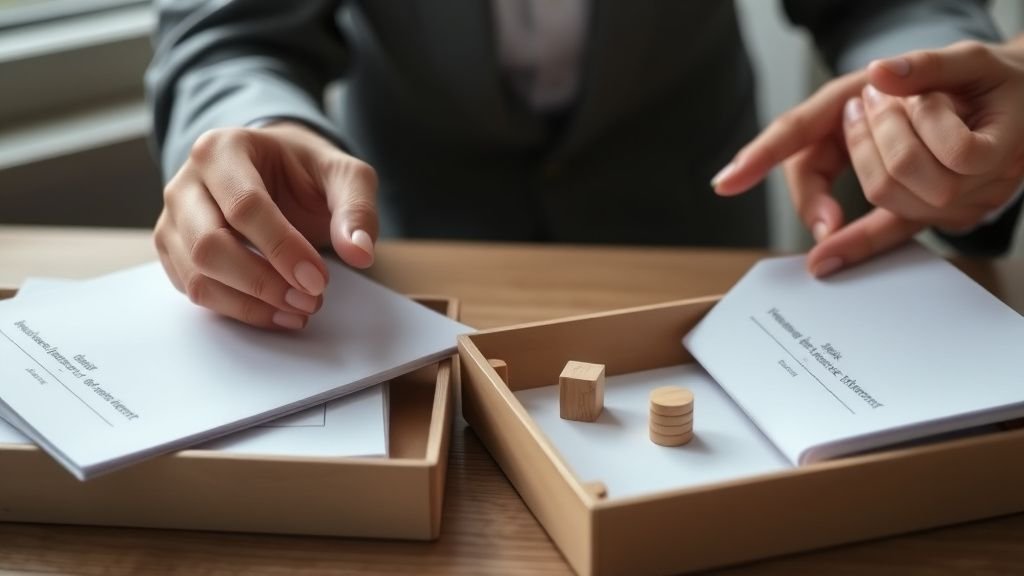 Mains déplaçant des jetons entre deux bacs pour illustrer l’arbitrage entre sécurité et risque