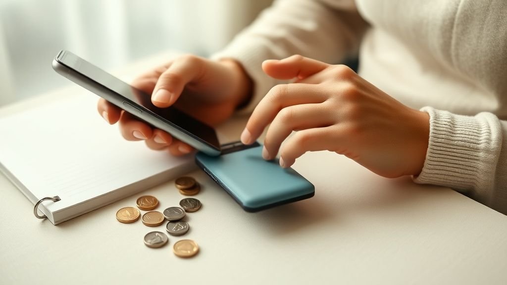 Mains utilisant une banque en ligne sur smartphone avec des pièces et un carnet sobre