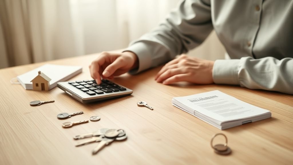 Mains d’investisseur avec clés et calculatrice sur table, ambiance naturelle et réaliste