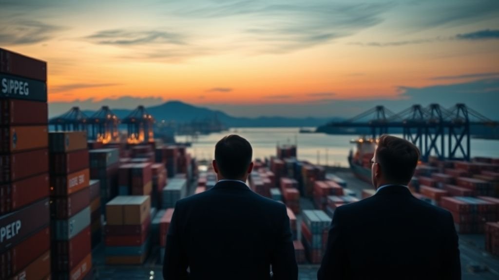 Vue d’un port logistique avec des conteneurs et deux silhouettes observant l’activité sous lumière naturelle