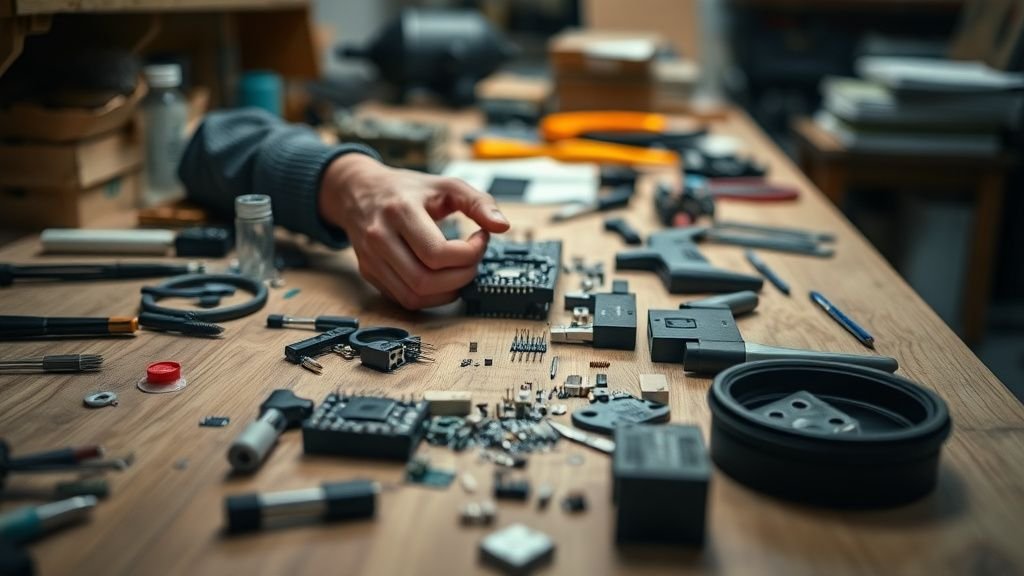 Mains assemblant des composants électroniques sur un établi en bois, sans écran ni étiquette visible