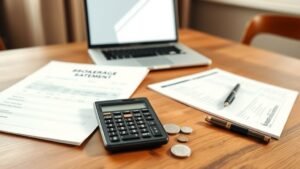 Bureau avec dossier de courtage, calculatrice et pièces, illustrant le compte-titres