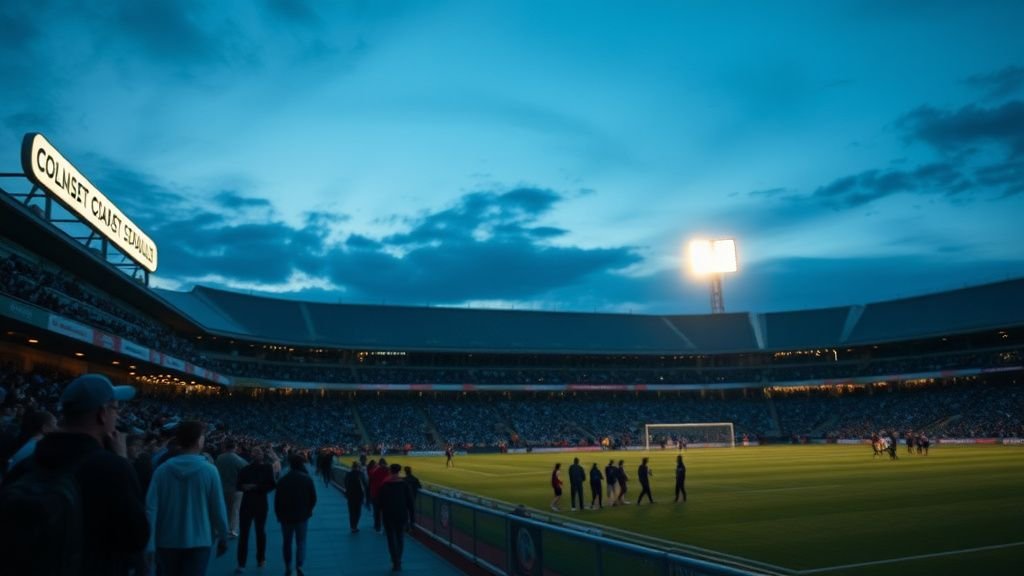 Ambiance de stade de football au crépuscule avec silhouettes de supporters en extérieur