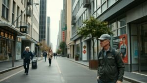 Rue urbaine calme avec des passants de générations différentes, illustrant la crise démographique