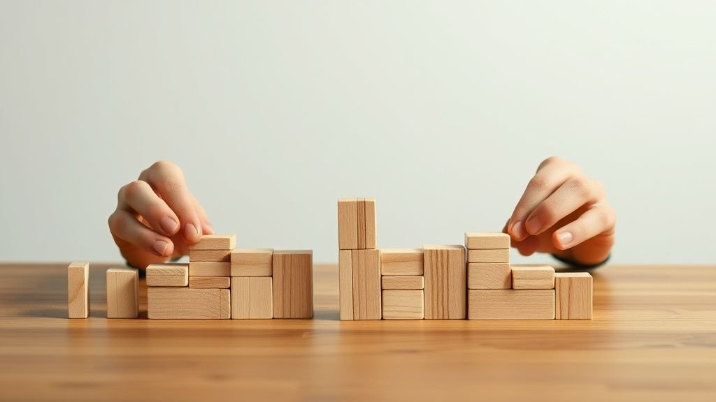 Mains disposant des blocs en bois sur une table, symbole de planification face à la crise démographique