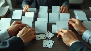 Mains disposant des cartes identiques et différentes sur un bureau, illustration de la dispersion en Bourse