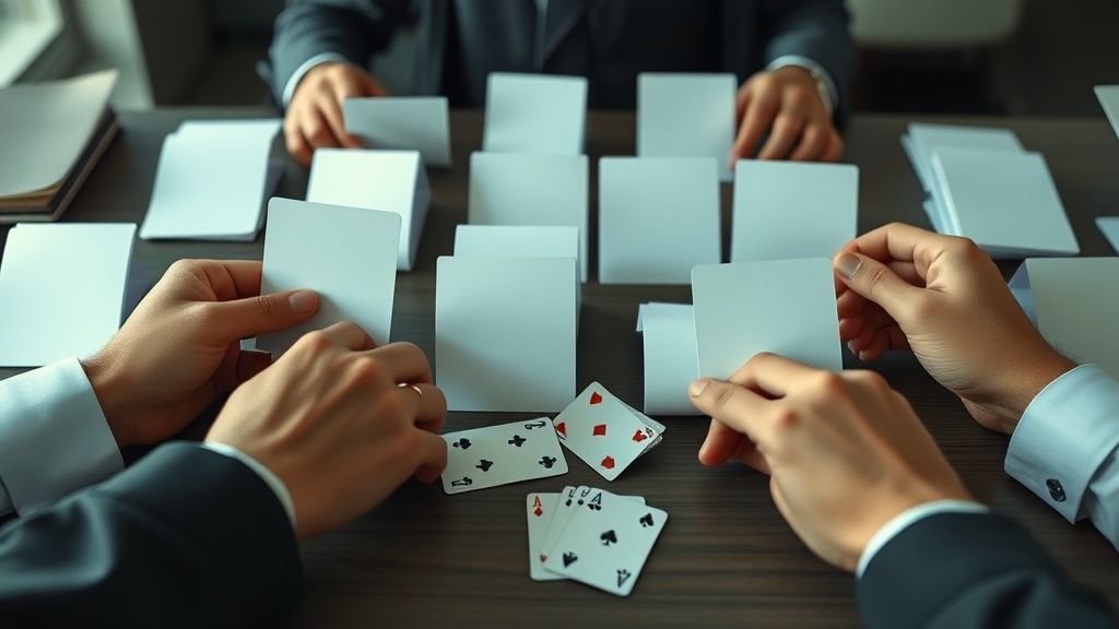 Mains disposant des cartes identiques et différentes sur un bureau, illustration de la dispersion en Bourse