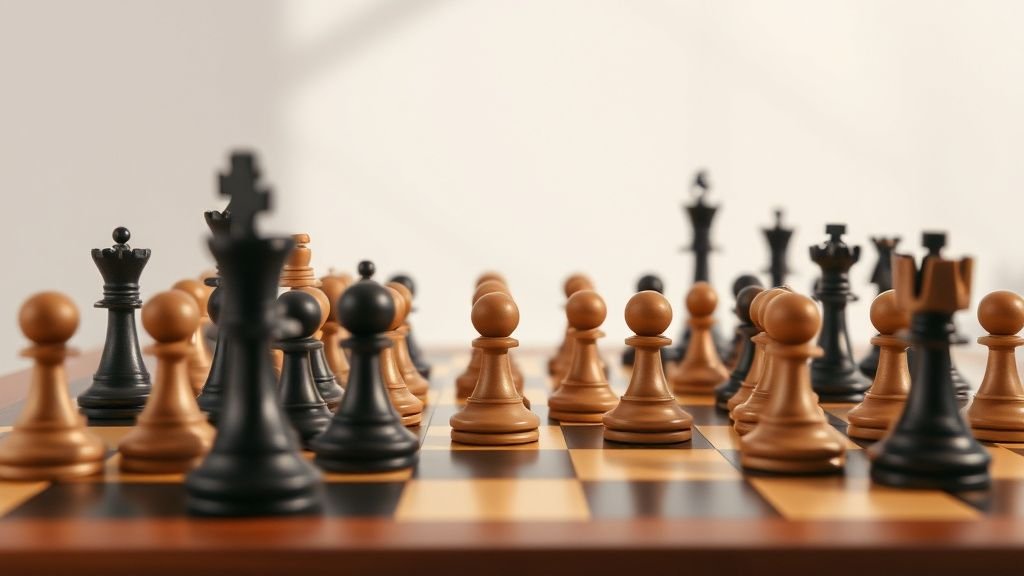 Échiquier avec pièces regroupées et isolées, illustration visuelle des écarts de performance entre actions