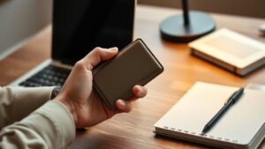 Mains tenant un portefeuille matériel générique à côté d’un ordinateur dans une ambiance de bureau moderne