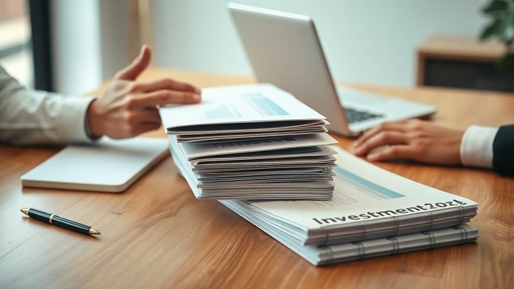 Mains consultant des dossiers d’investissement sur une table en bois dans une ambiance sobre et naturelle