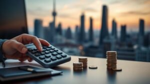 Mains avec calculatrice et pièces sur un bureau financier, skyline floue en arrière-plan