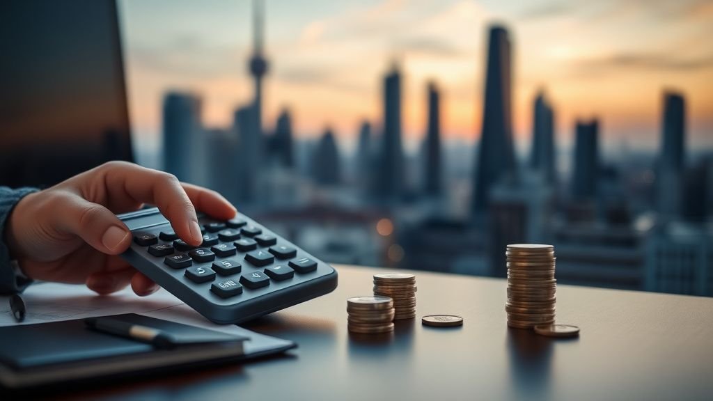 Mains avec calculatrice et pièces sur un bureau financier, skyline floue en arrière-plan
