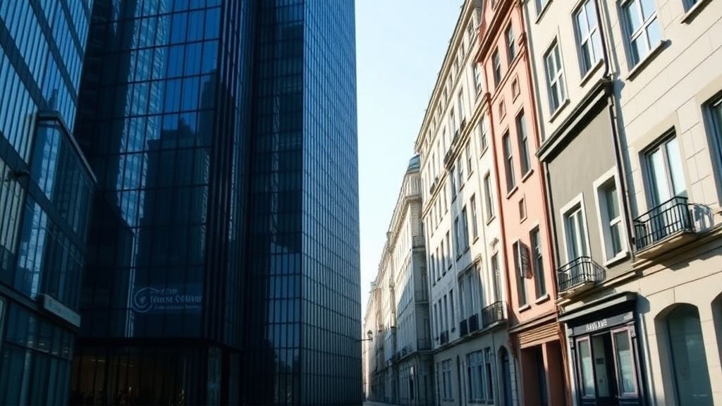 Contraste visuel entre gratte-ciel modernes et rue européenne calme sous lumière naturelle