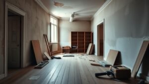 Appartement ancien en rénovation avec murs nus et outils au sol sous lumière naturelle