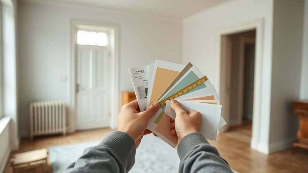 Mains mesurant une pièce d’appartement ancien en travaux avec lumière naturelle