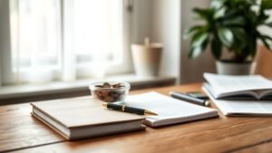 Scène de bureau sobre avec pièces, carnet et lumière naturelle illustrant la protection contre l’inflation