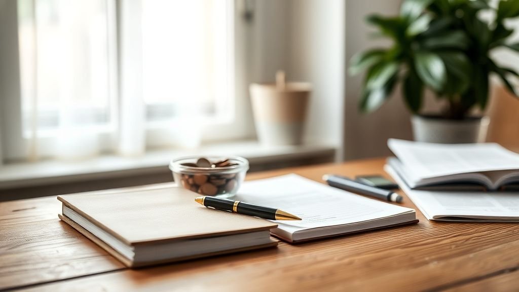 Scène de bureau sobre avec pièces, carnet et lumière naturelle illustrant la protection contre l’inflation
