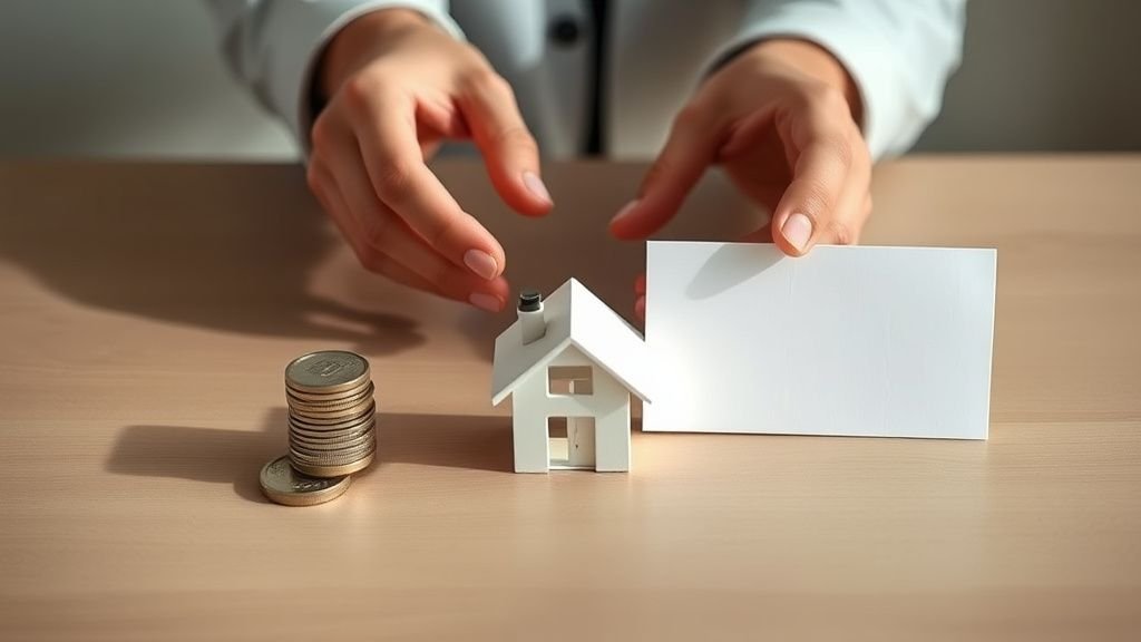 Mains disposant des objets symbolisant actions, immobilier et liquidités dans une composition sobre