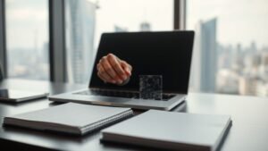 Mains posant des composants abstraits près d’un bureau moderne, ambiance sobre liée à l’investissement dans l’IA