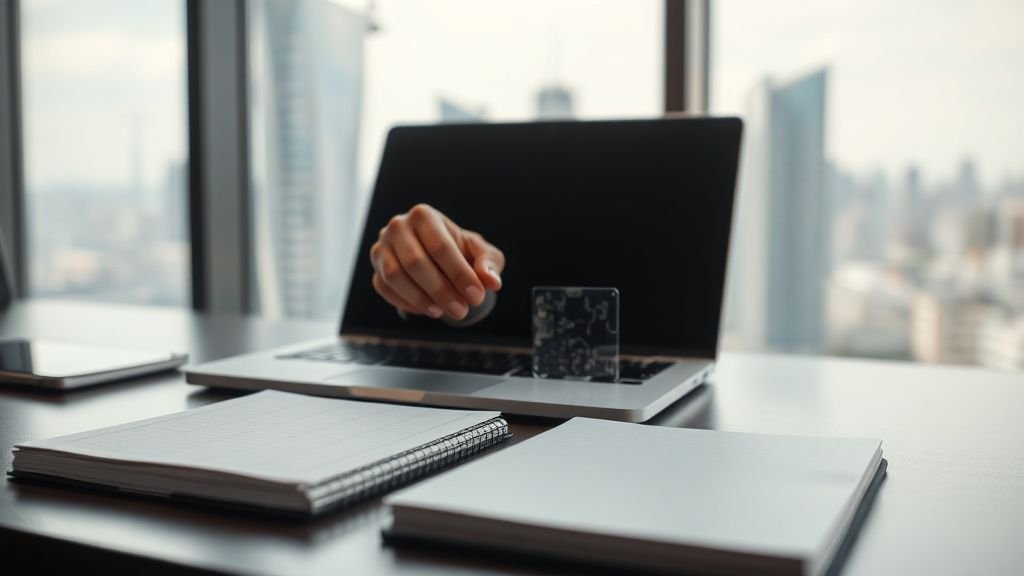 Mains posant des composants abstraits près d’un bureau moderne, ambiance sobre liée à l’investissement dans l’IA