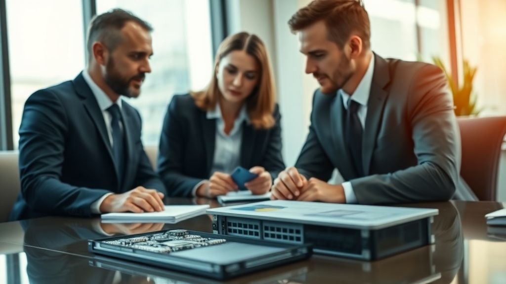 Deux professionnels examinant des composants technologiques génériques dans une salle de réunion lumineuse