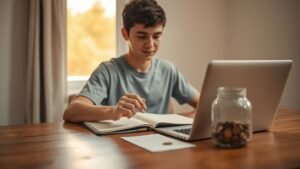 Jeune adulte préparant son épargne sur une table en bois dans une ambiance lumineuse et minimaliste