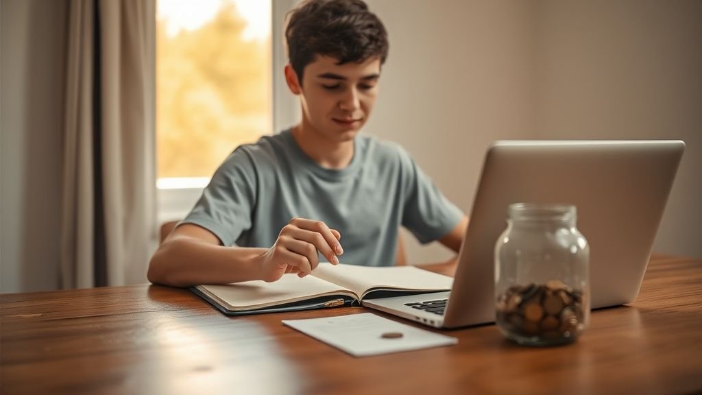 Jeune adulte préparant son épargne sur une table en bois dans une ambiance lumineuse et minimaliste