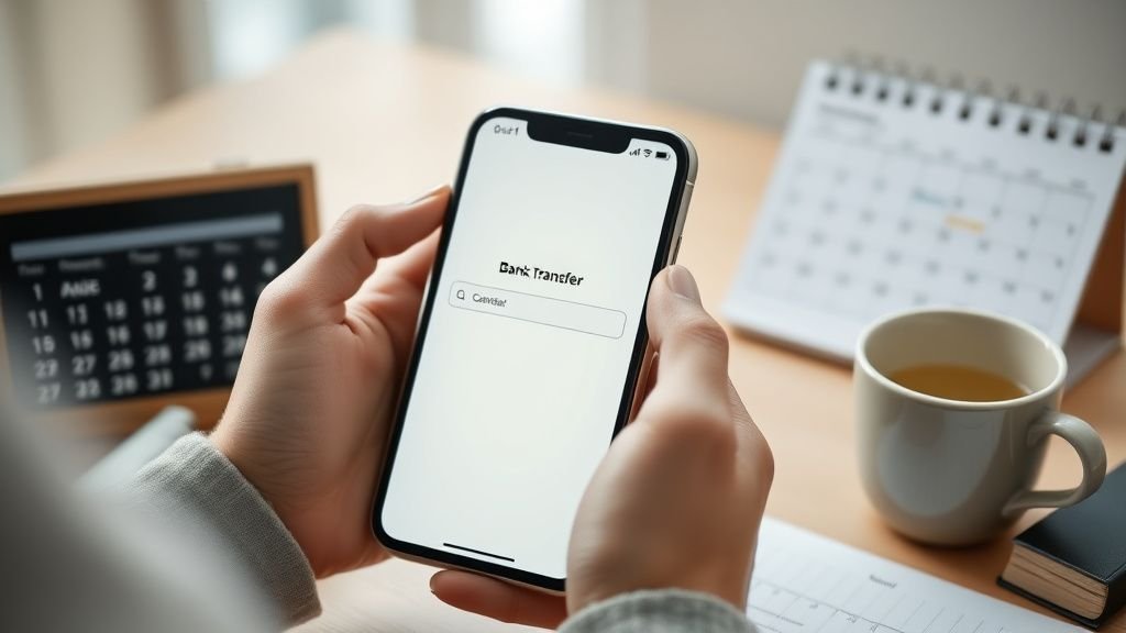 Mains préparant un versement automatique sur un bureau sobre avec lumière naturelle