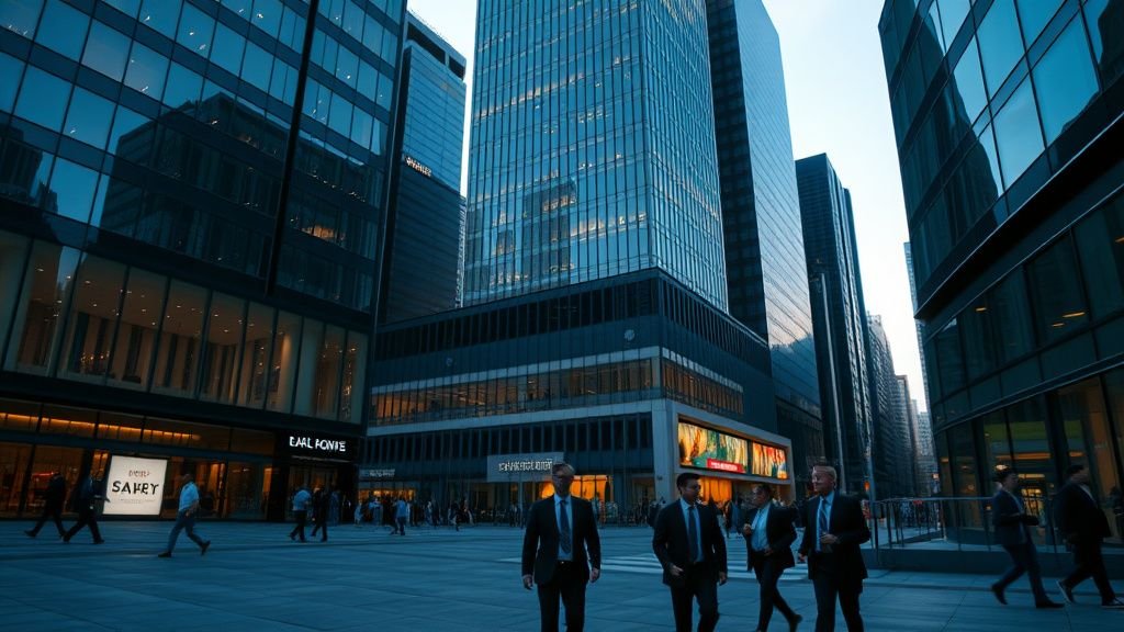 Vue d’un quartier financier moderne au crépuscule, avec des silhouettes anonymes et des façades vitrées