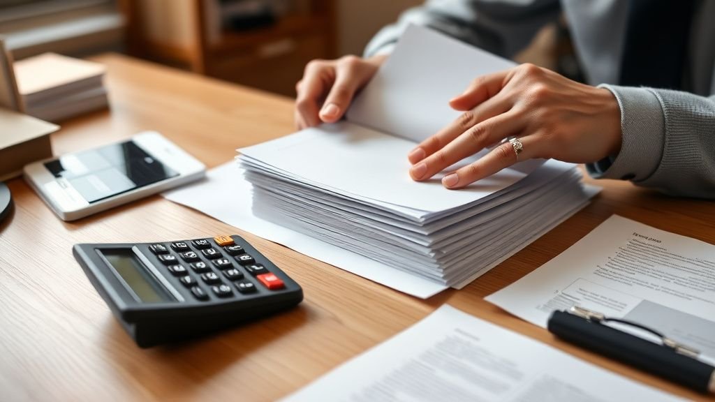 Mains consultant des feuilles blanches près d’une calculatrice sur un bureau en bois sous lumière naturelle