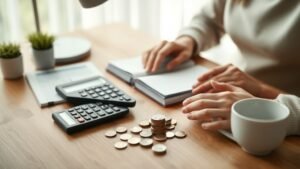 Mains organisant un budget avec une calculatrice et des pièces sur une table en bois, lumière naturelle