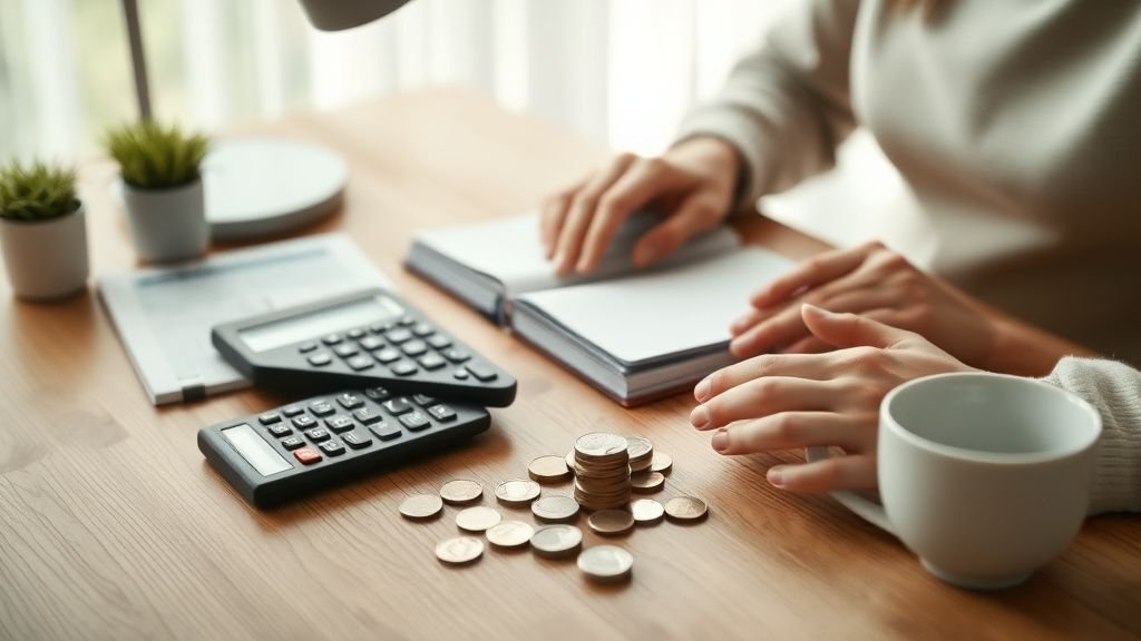 Mains organisant un budget avec une calculatrice et des pièces sur une table en bois, lumière naturelle