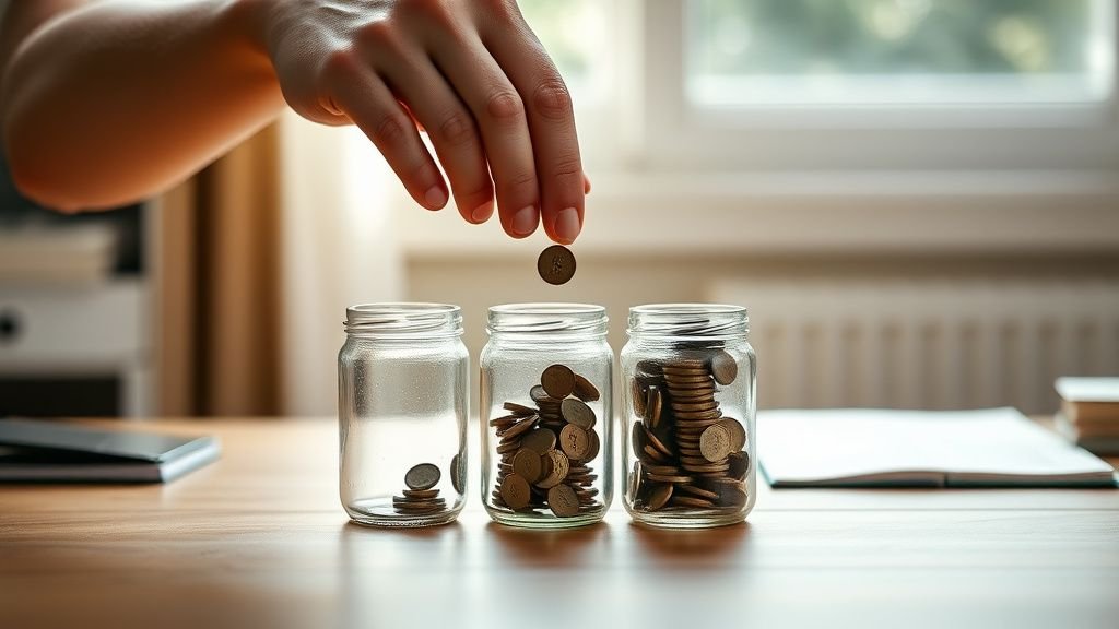 Mains répartissant des pièces dans trois bocaux transparents sur une table, lumière douce et naturelle