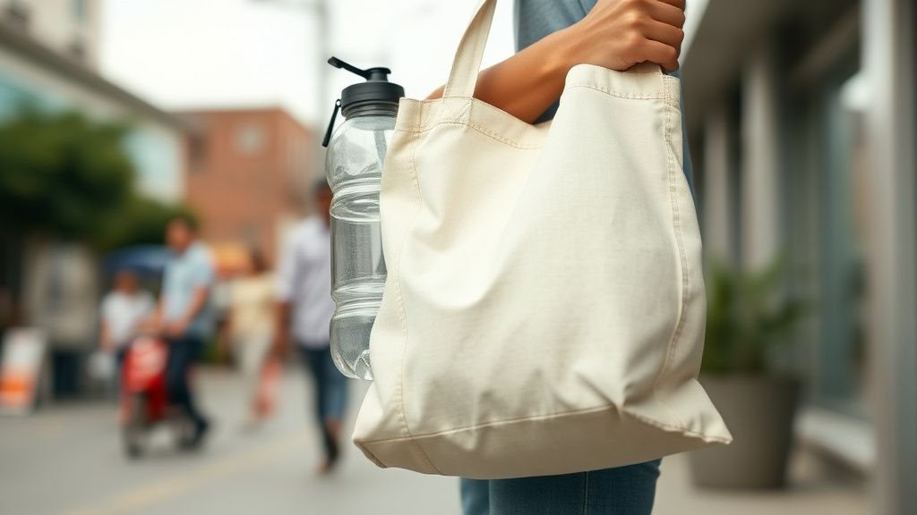 Mains tenant un sac réutilisable et une gourde générique dans un contexte urbain lumineux