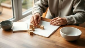 Mains disposant des objets simples sur une table, dans une ambiance calme de préparation à la retraite