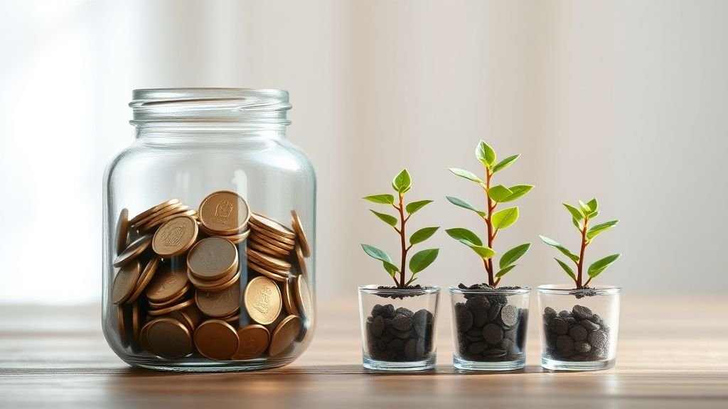 Pièces dans un bocal et jeunes plantes symbolisant la sécurité et la diversification d’un PER