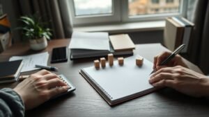 Mains consultant un portefeuille d’investissements sur un bureau, avec ciel sombre en arrière-plan