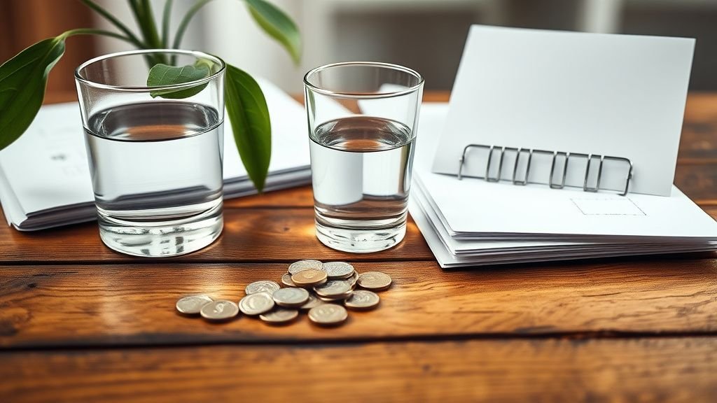 Pièces, verre d’eau et dossiers neutres sur une table en bois, symbolisant la prudence financière