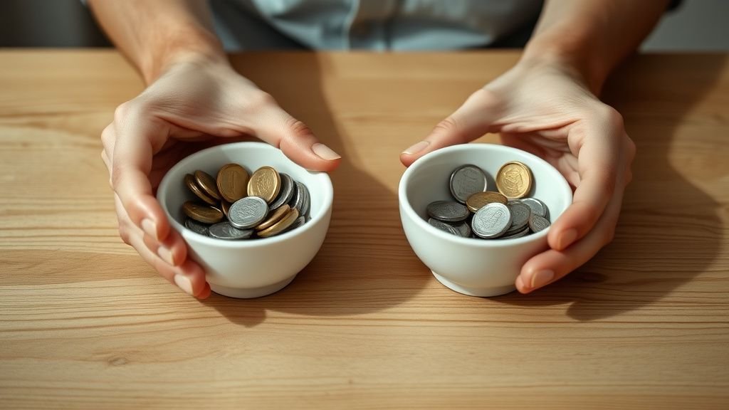 Mains répartissant des pièces dans deux bols en céramique pour illustrer la diversification patrimoniale