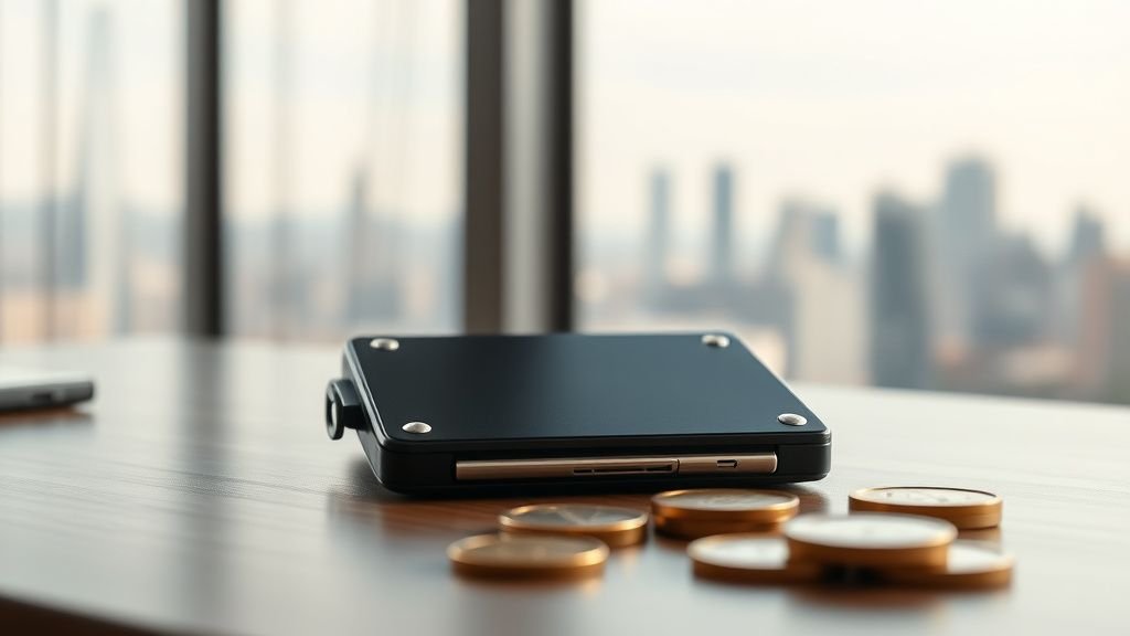 Wallet crypto posé sur un bureau minimaliste avec pièces abstraites et fond urbain flou